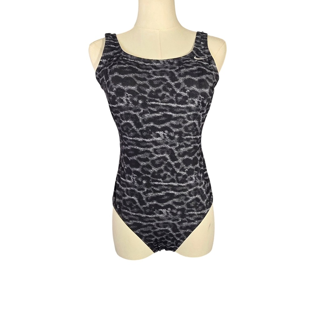 Nike Womens Leopard Print One Piece Swimsuit Black Grey NESS8408-001 Size M NWT